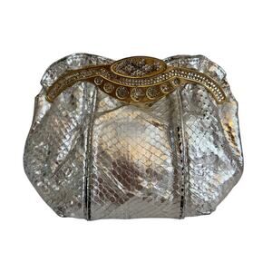 Vintage Snakeskin Embossed Silver Clutch Purse Rhinestone Gold Tone Deco Glam